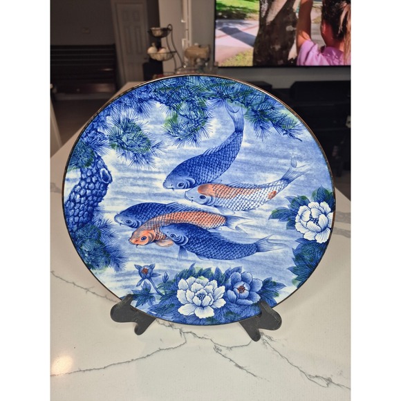 Other - Vintage Oriental Blue White Porcelain Decorative Plate‎ Koi Fish & Peony Floral